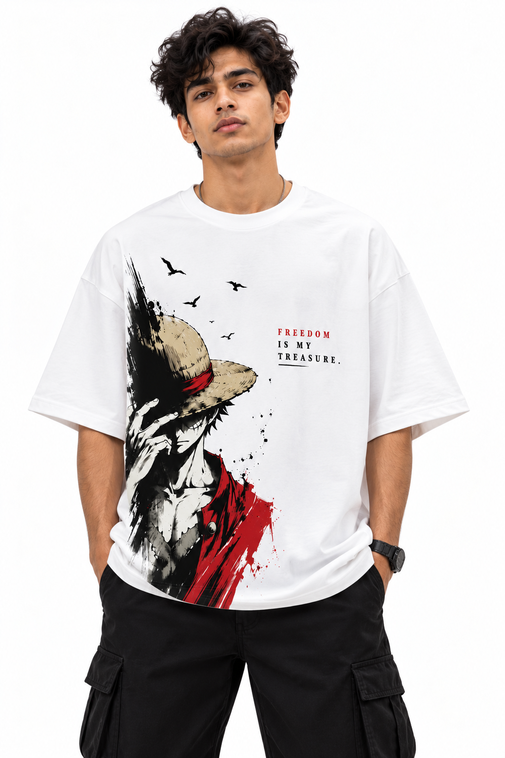 Freedom Is My Treasure Ink Art Graphic Oversized Tee: White