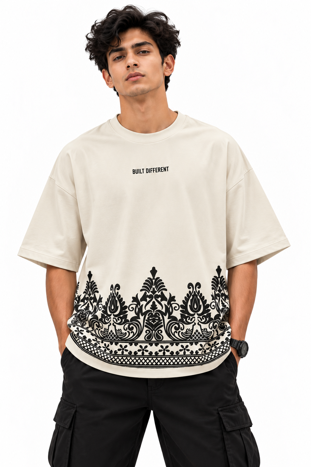 Built Different Ornate Border Print Oversized T-Shirt | 240 GSM Cotton | Off-White