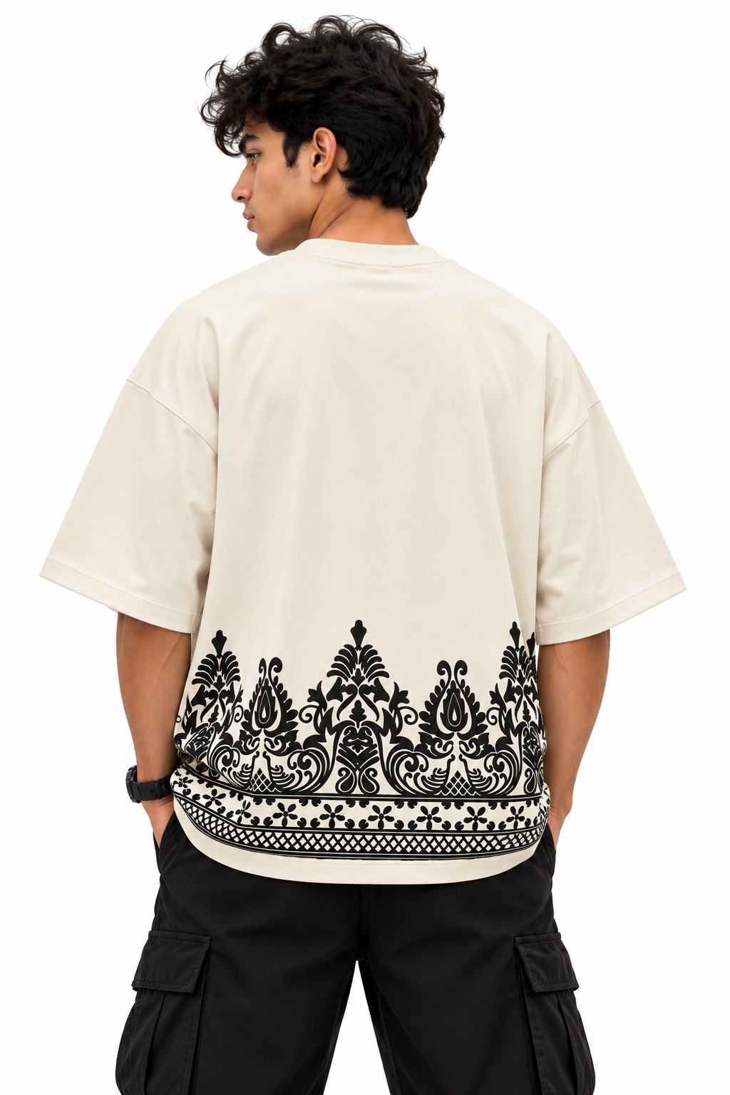 Built Different Ornate Border Print Oversized T-Shirt | 240 GSM Cotton | Off-White