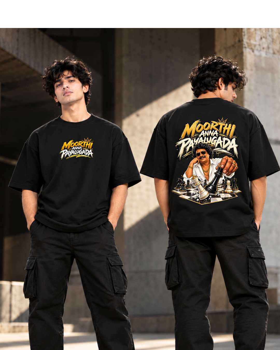 Moorthi Anna Payalugada Oversized T-Shirt | Black Front & Back Print |