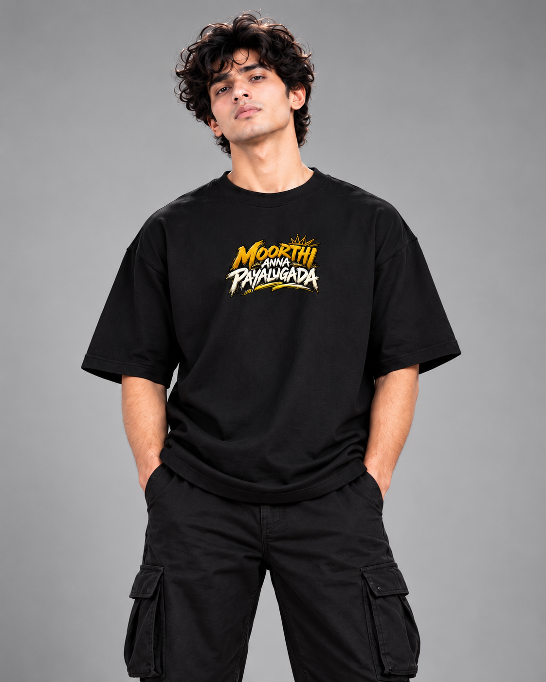 Moorthi Anna Payalugada Oversized T-Shirt | Black Front & Back Print |