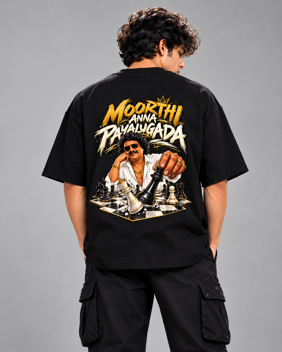 Moorthi Anna Payalugada Oversized T-Shirt | Black Front & Back Print |