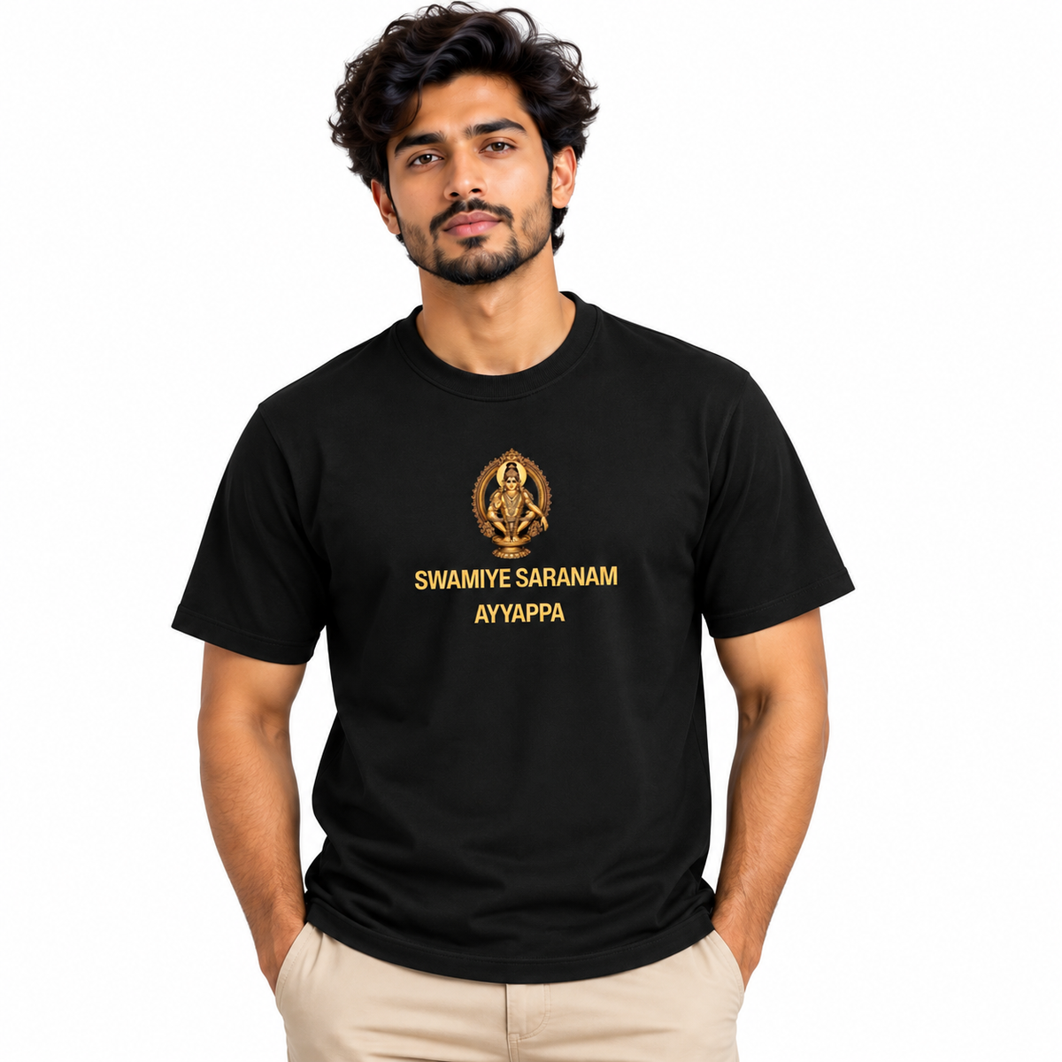 Ayyappan Swamiye Saranam Printed Round Neck T-Shirt: Black