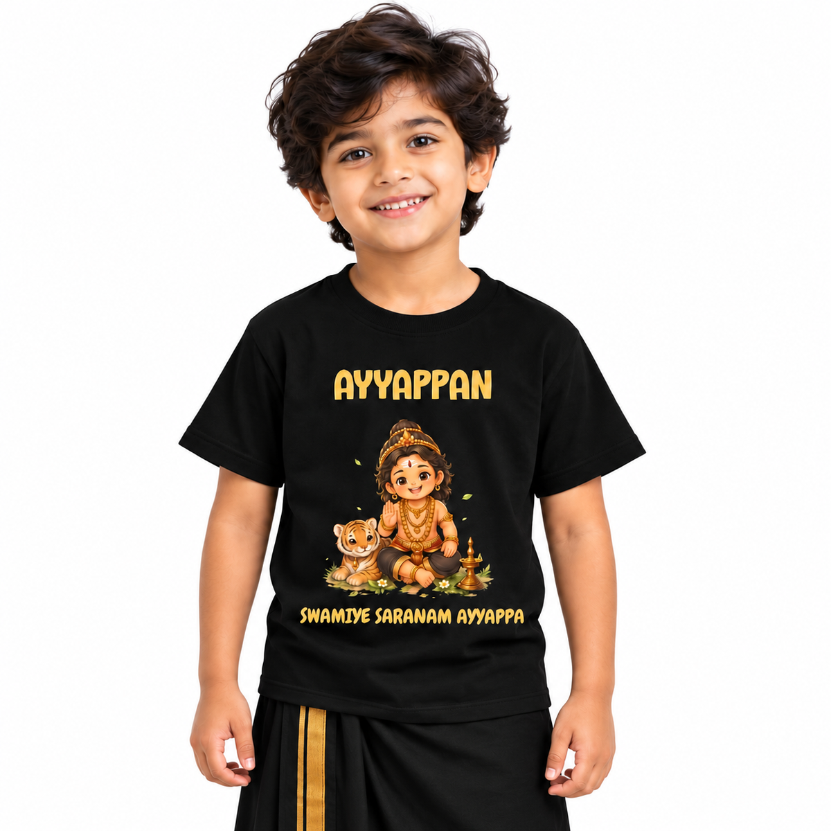 Little Ayyappan Swamiye Saranam Printed Kids Round Neck T-Shirt: Black