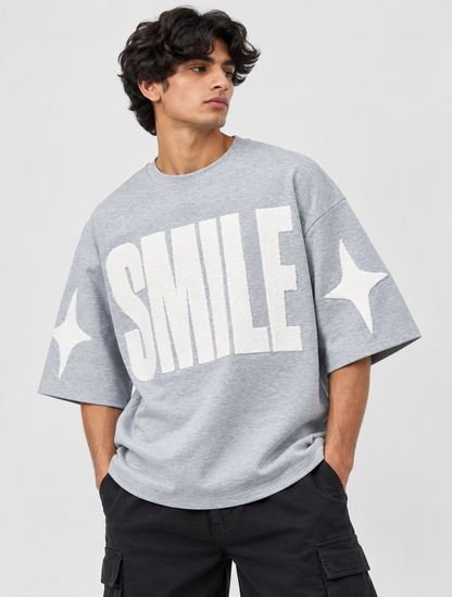 Smile Chenille-Effect Oversized Tee — Grey Melange