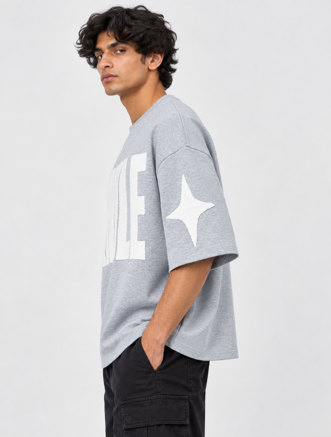 Smile Chenille-Effect Oversized Tee — Grey Melange