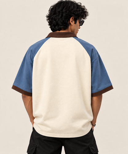 Same Soul Zip Collar Colorblock Oversized Polo — Cream & Blue