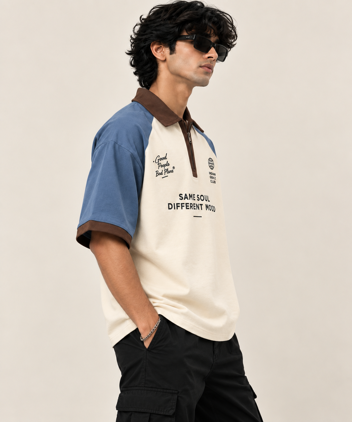 Same Soul Zip Collar Colorblock Oversized Polo — Cream & Blue