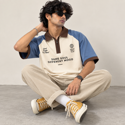 Same Soul Zip Collar Colorblock Oversized Polo — Cream & Blue