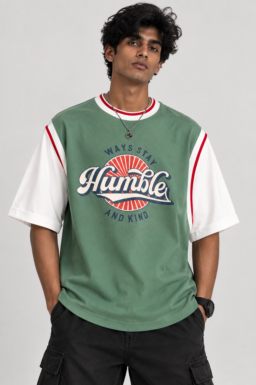Retro Humble Varsity Colorblock Oversized Tee — Green & White