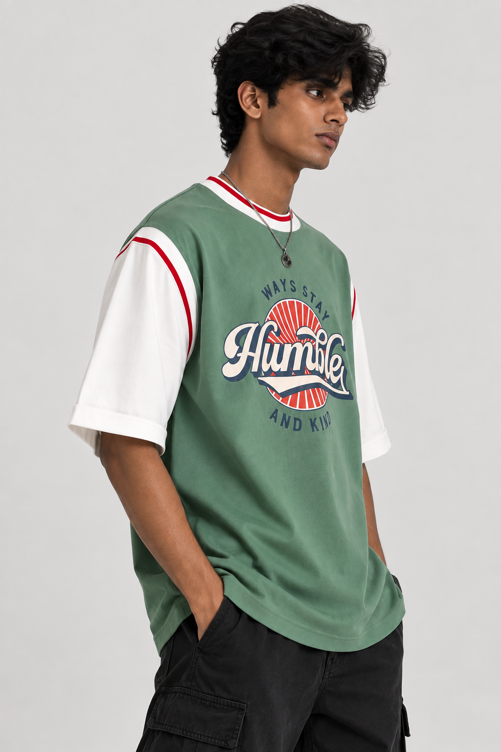 Retro Humble Varsity Colorblock Oversized Tee — Green & White