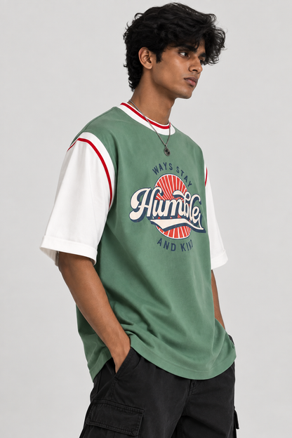 Retro Humble Varsity Colorblock Oversized Tee — Green & White