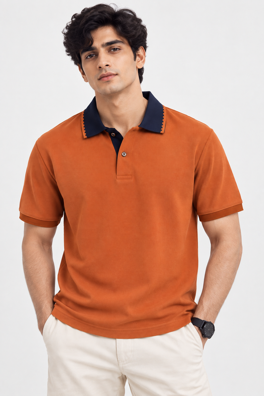 Rust Orange Contrast Collar Polo T-Shirt