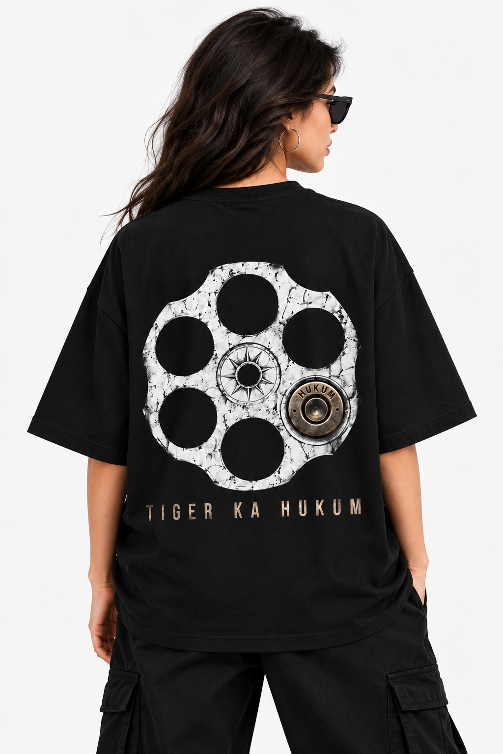 Women Hukum Drip Typography Oversized Tee — Black & White