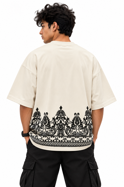 Built Different Ornate Border Print Oversized T-Shirt | 240 GSM Cotton | Off-White