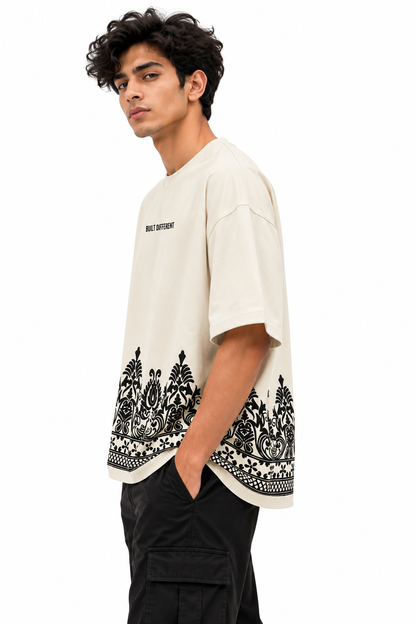 Built Different Ornate Border Print Oversized T-Shirt | 240 GSM Cotton | Off-White