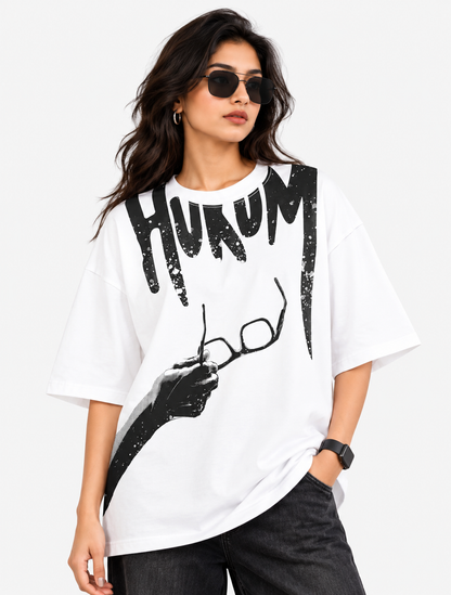Women Hukum Drip Typography Oversized Tee — Black & White