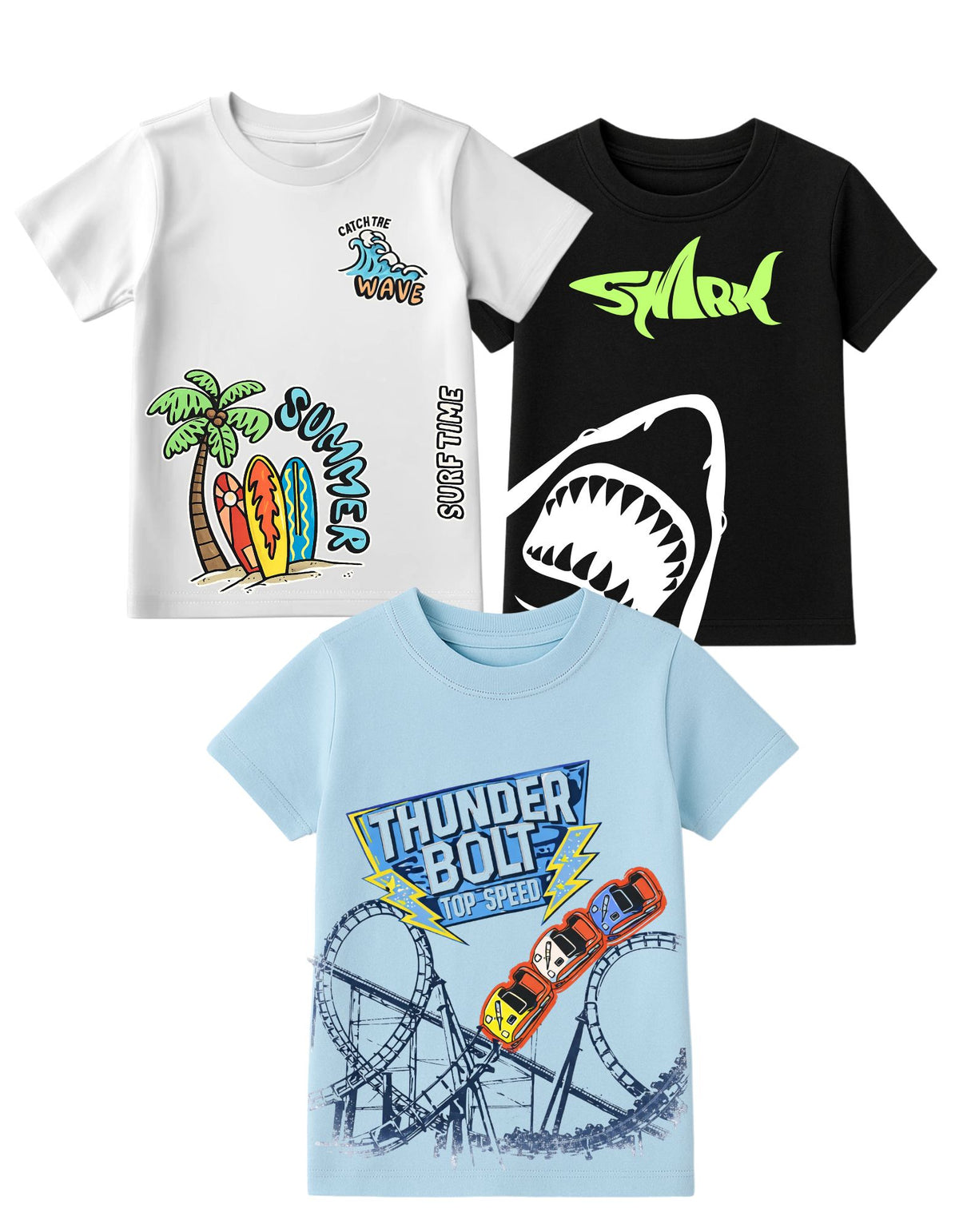 Shark & Roller Coaster Cotton Printed Round Neck Half Sleeve T-Shirts for Kids