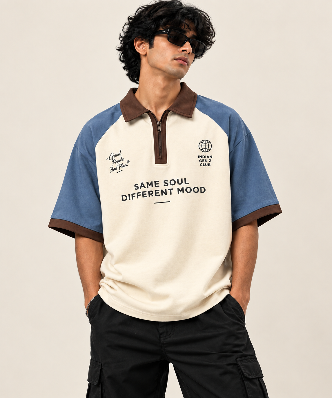 Same Soul Zip Collar Colorblock Oversized Polo — Cream & Blue