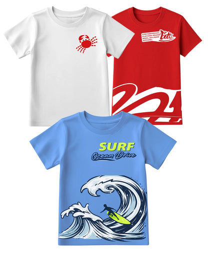 Crab and Surfing Cotton Printed  Round Neck Half Sleeve T-Shirts for Kids