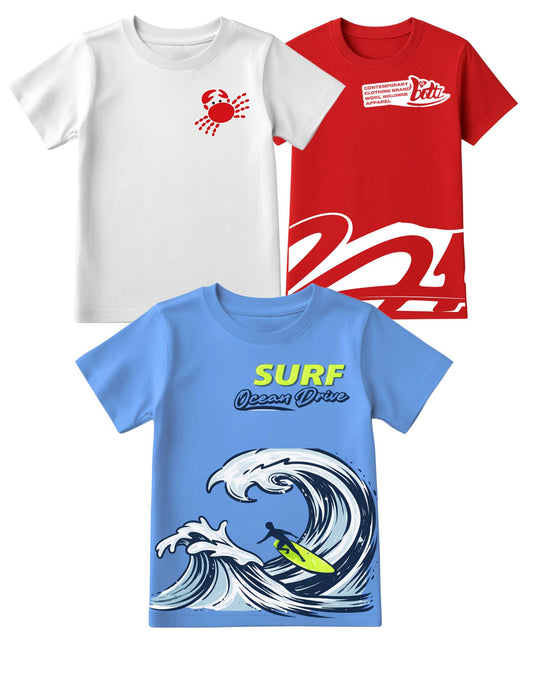 Crab and Surfing Cotton Printed  Round Neck Half Sleeve T-Shirts for Kids