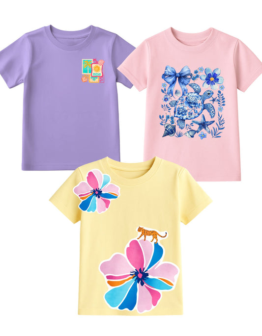 Good Vibes & Sea Shell Printed Round Neck Half Sleeve T-Shirts for Girls