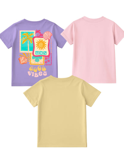 Good Vibes & Sea Shell Printed Round Neck Half Sleeve T-Shirts for Girls
