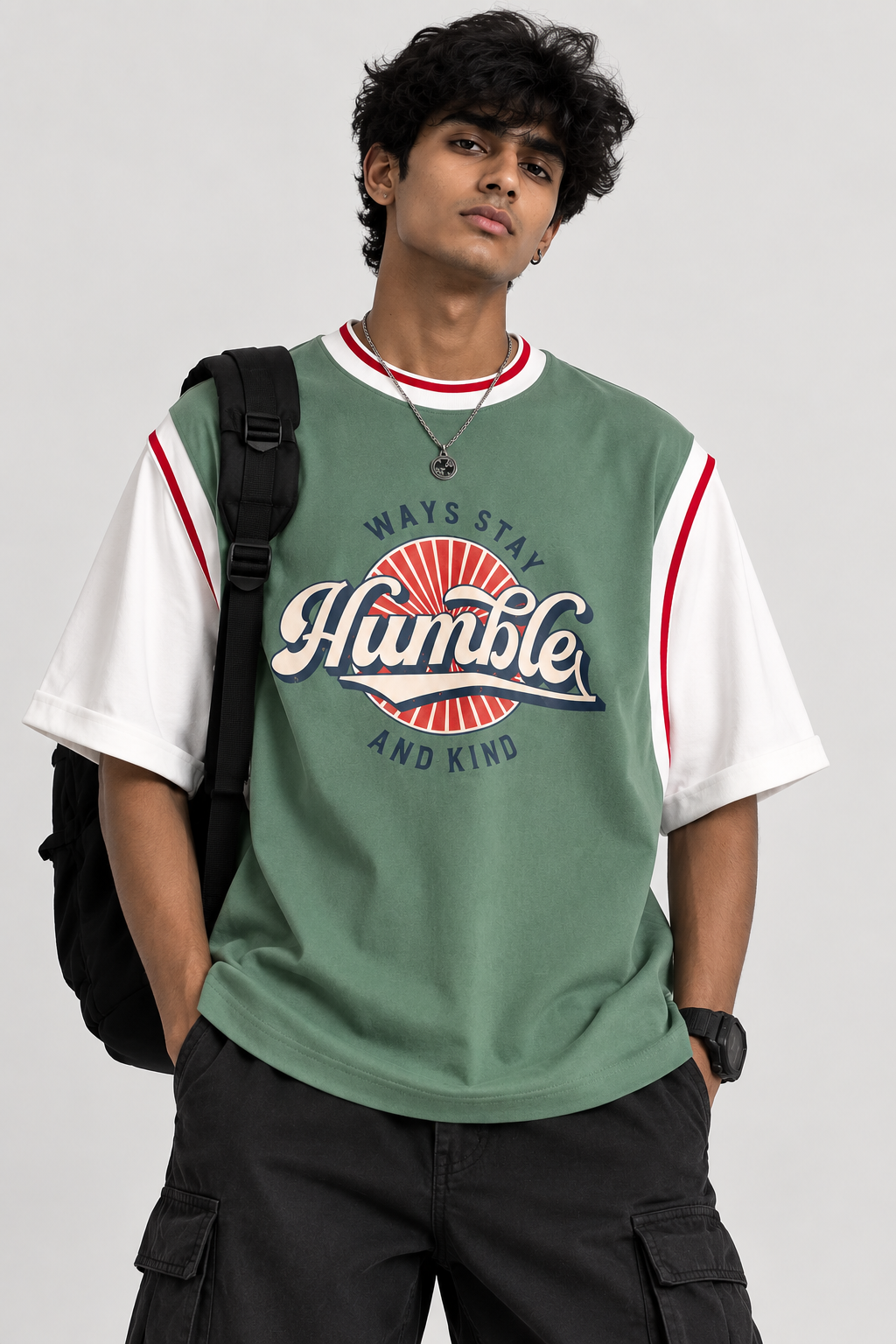 Retro Humble Varsity Colorblock Oversized Tee — Green & White