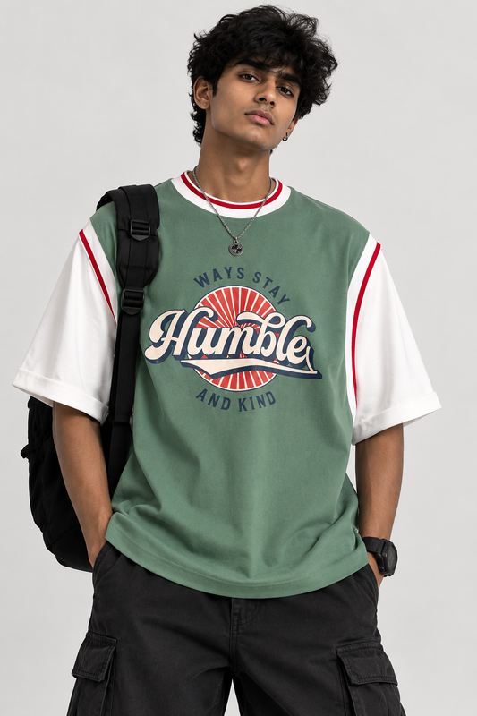 Retro Humble Varsity Colorblock Oversized Tee — Green & White