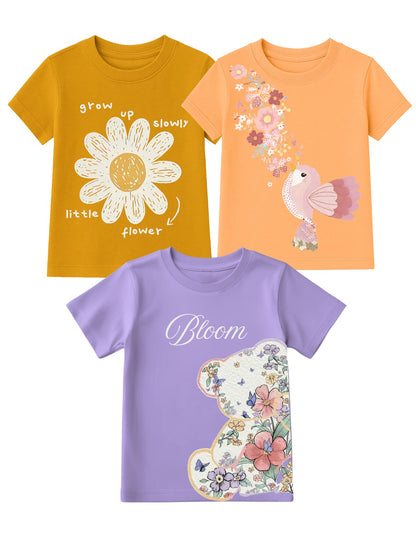 Floral & Teddy Printed Round Neck Half Sleeve T-Shirts for Girls