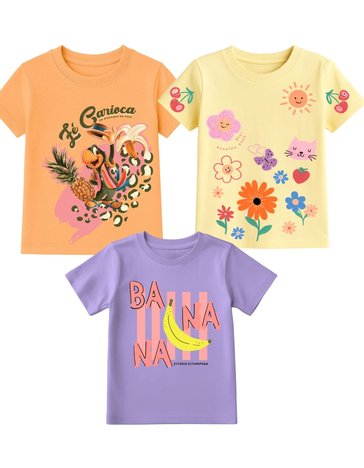 Parrot & Floral Printed Round Neck Half Sleeve T-Shirts for Girls
