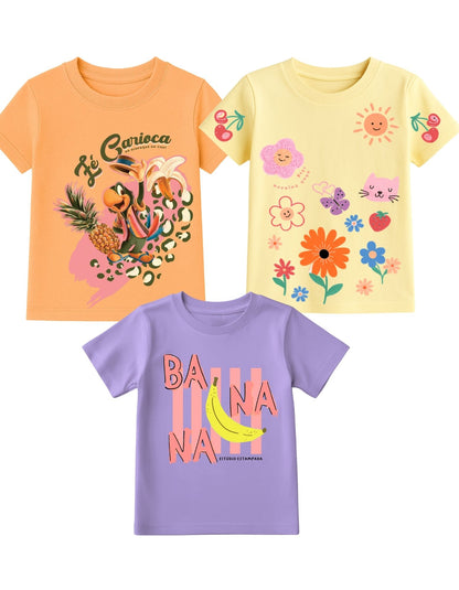 Parrot & Floral Printed Round Neck Half Sleeve T-Shirts for Girls