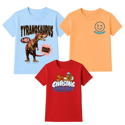 Cotton Dino & Smiley  Printed  Round Neck Half Sleeve T-Shirt for Kids