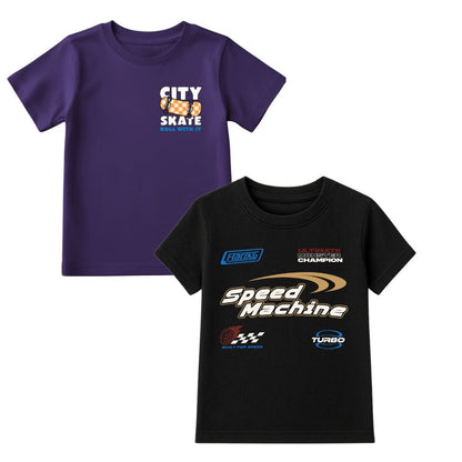 Race Car & Skate Board Printed Round Neck Half Sleeve T-Shirts for Kids