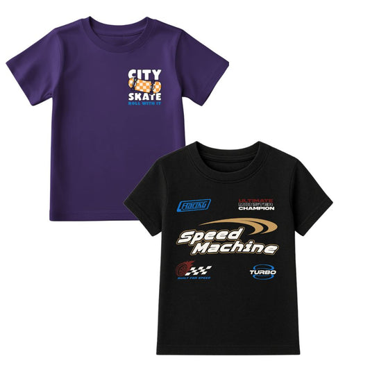 Race Car & Skate Board Printed Round Neck Half Sleeve T-Shirts for Kids