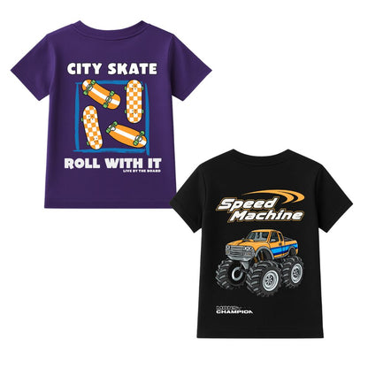 Race Car & Skate Board Printed Round Neck Half Sleeve T-Shirts for Kids